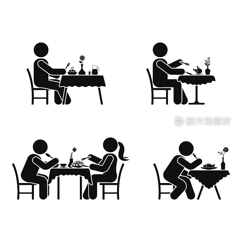 吃喝象形文字。Stick figure矢量餐厅夫妇图标上的白色